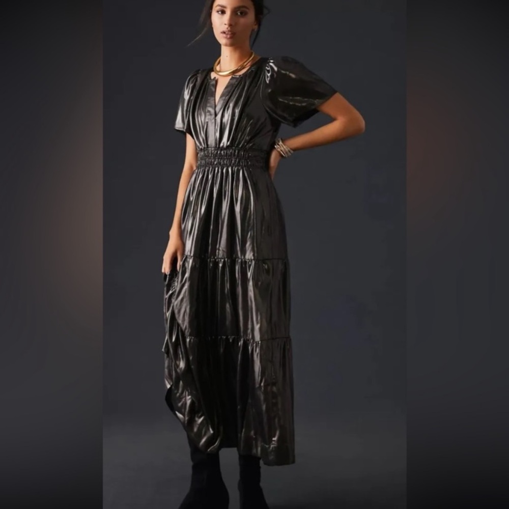 Anthropologie The Somerset Maxi Dress: Shine Edition S Small NWT Silver Carbon